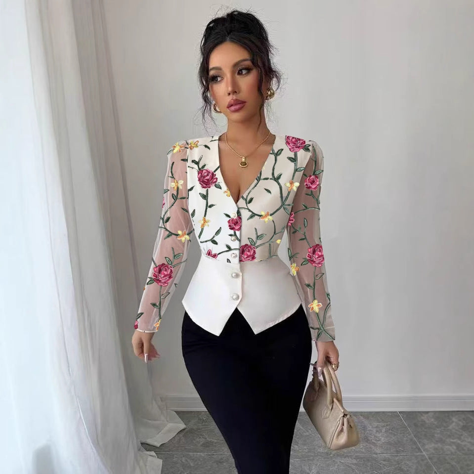 Women's White Rose Vintage Lace Slim-Waist Shirt