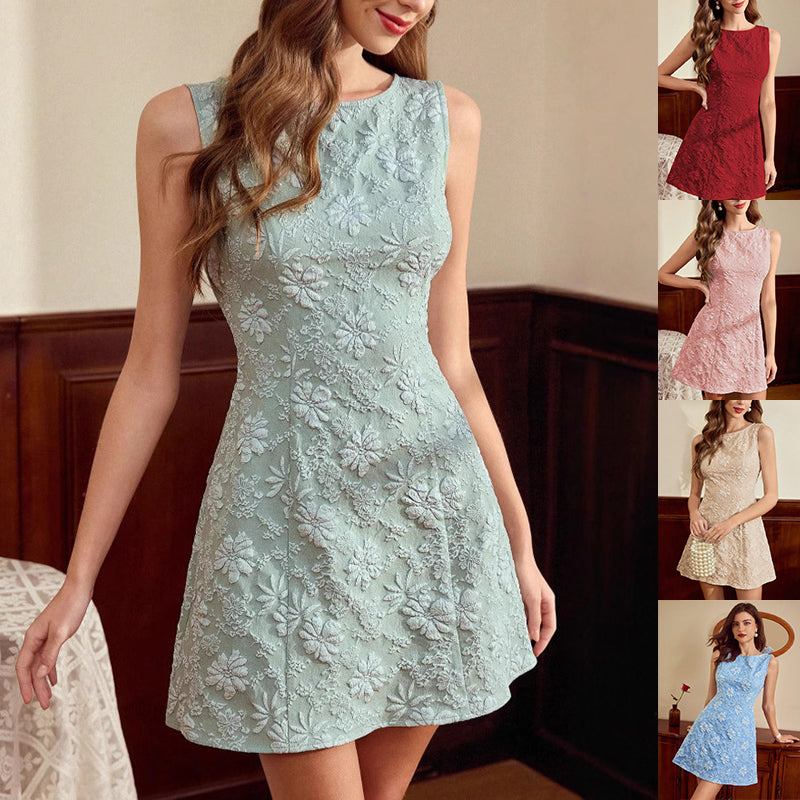 Women's French Floral Jacquard Sleeveless Dress