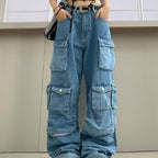Women's High Waist Street Hipster Multi-pocket Wide Leg Jeans