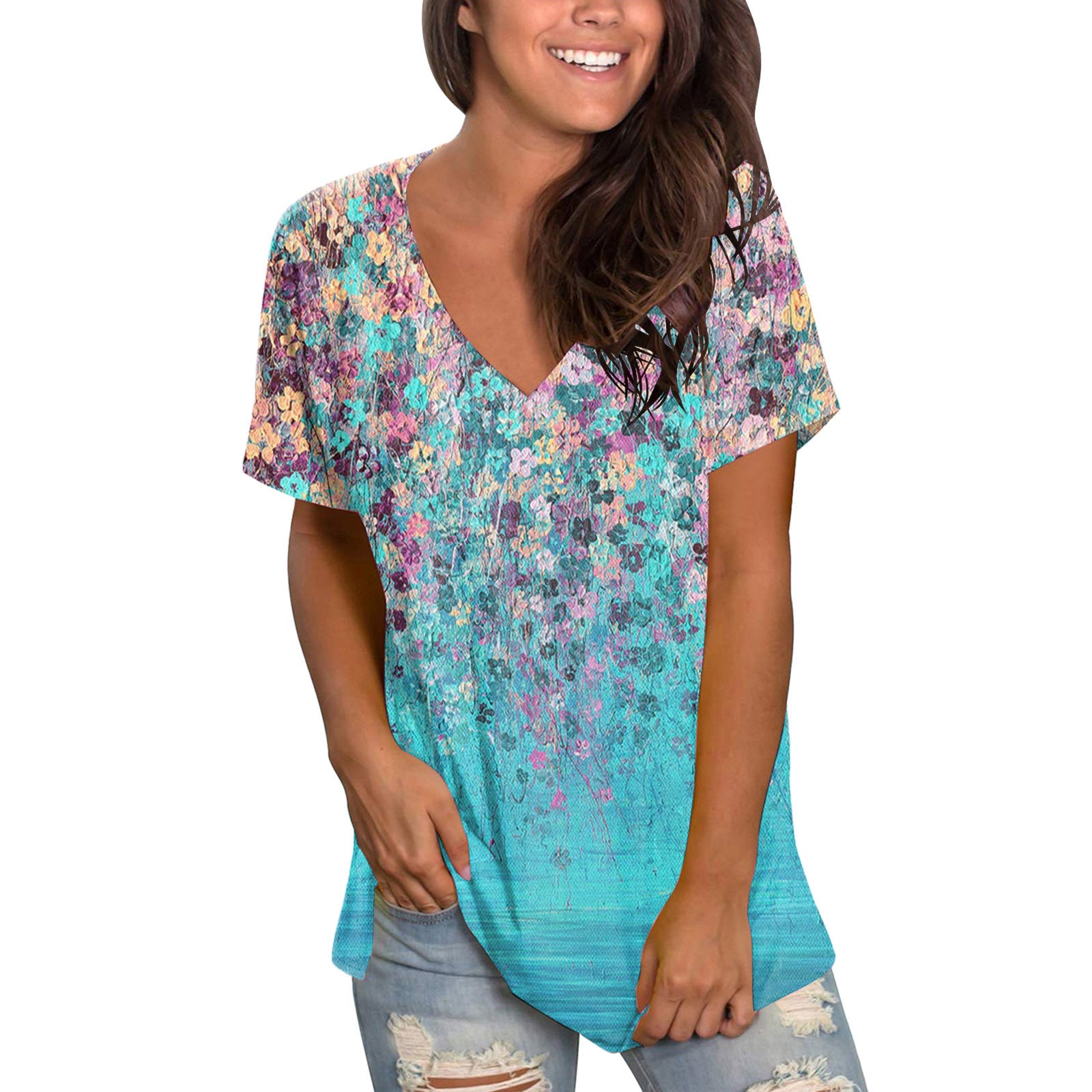 Women's Short Sleeve Printed V-Neck Printed Top