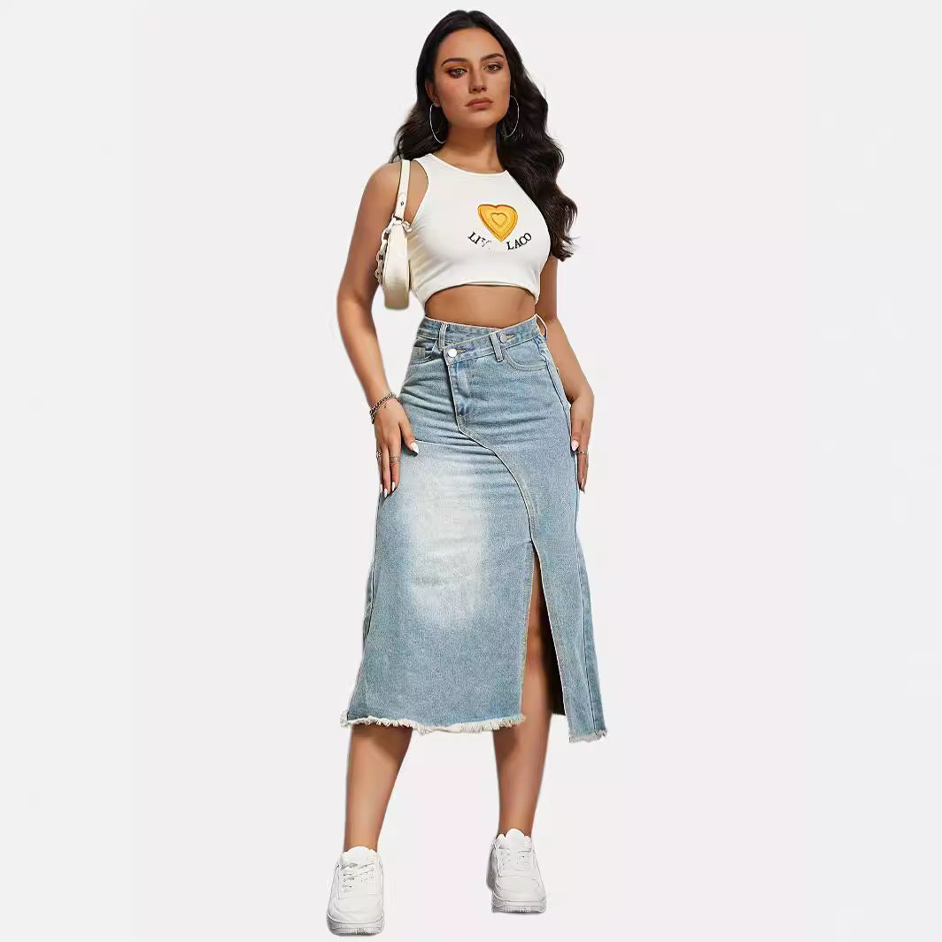 Women's Retro Denim Split Stitching Skirt