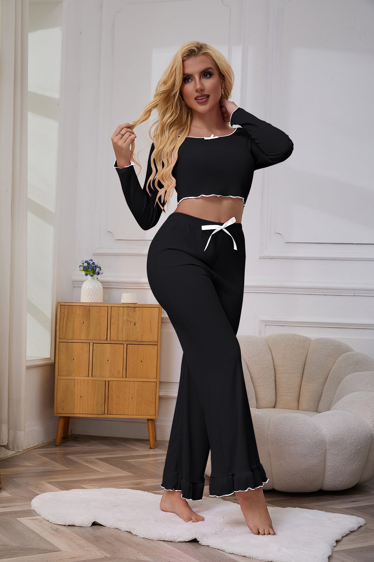 Women's Ribbon Ruffled Long Sleeved Crop-Top And Pants Set
