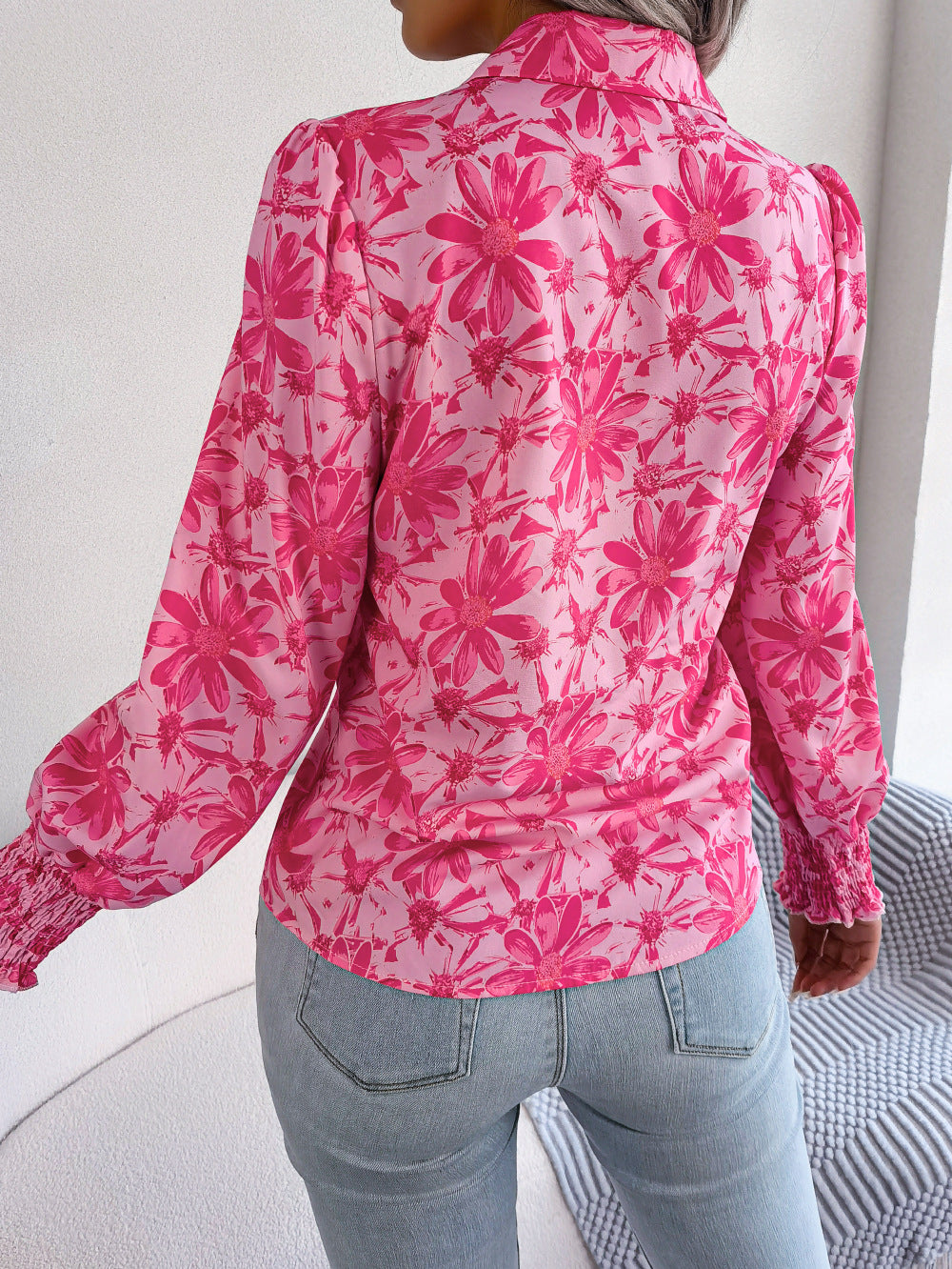 Women's Lantern Sleeve Flower Lapel Shirt