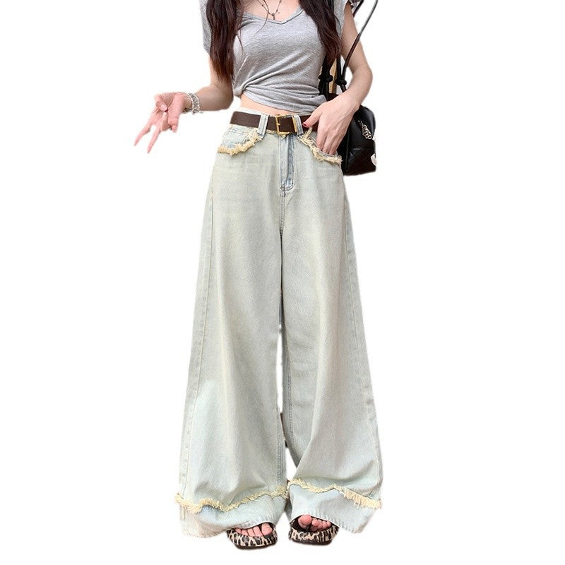 Women's Retro Ripped Hem Loose Wide-Legged Jeans