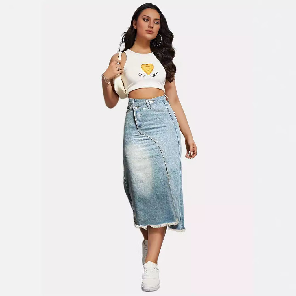 Women's Retro Denim Split Stitching Skirt