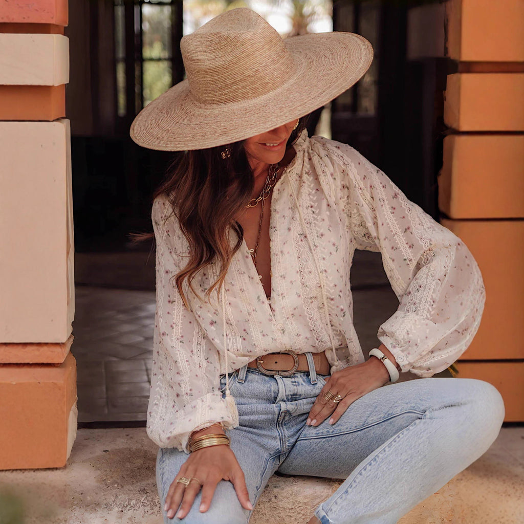 Women's V-Neck Embroidered Shirt With Drawstring