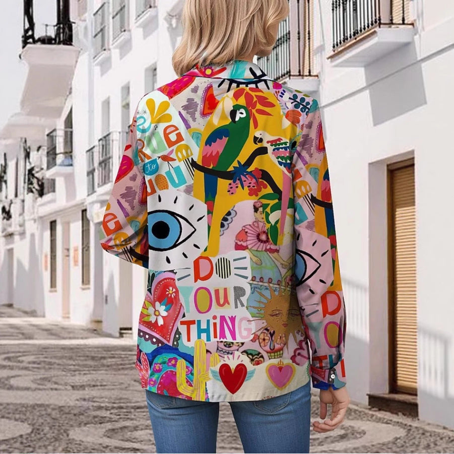 Women's Long-Sleeve Graffiti Lapel Shirt