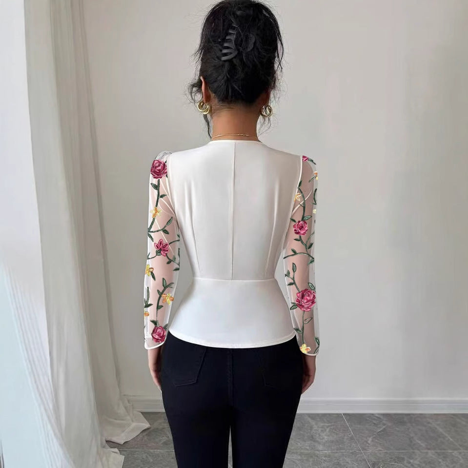 Women's White Rose Vintage Lace Slim-Waist Shirt