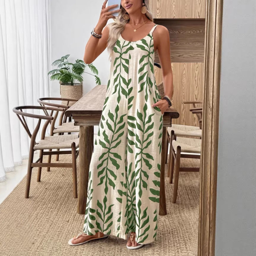 Women's V-Neck One-Piece With Tropical Leaf Print And Pockets