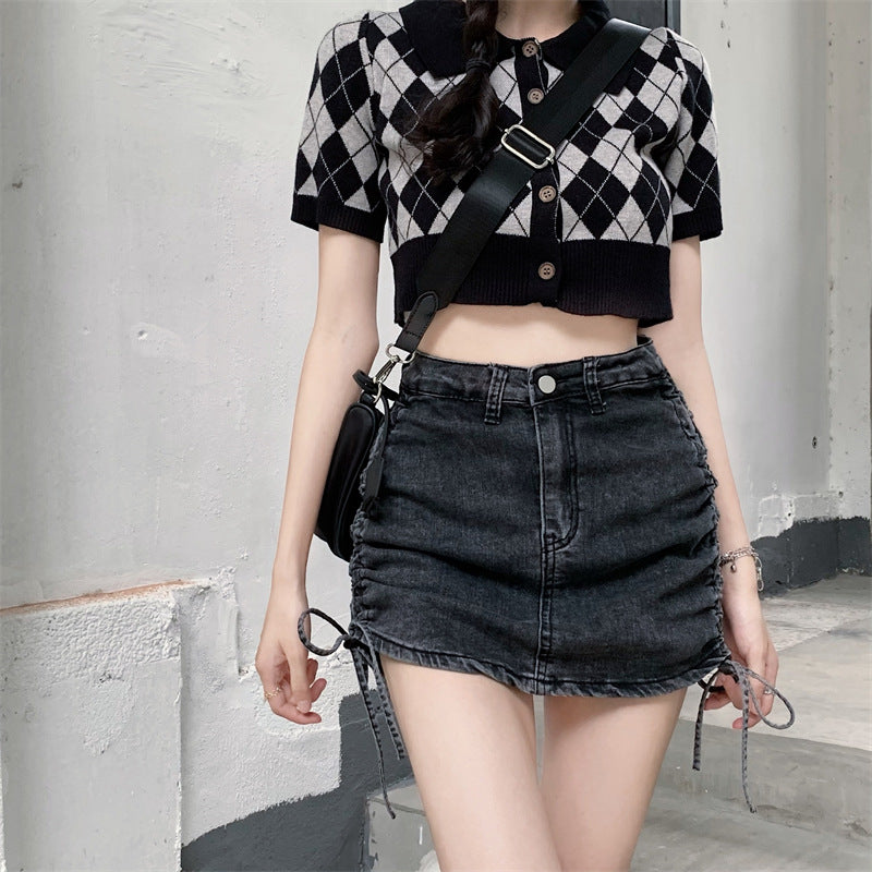 A-line Skirt High Waist Bag Hip Drawstring Denim Skirt  WITH OR WITHOUTN SLING?