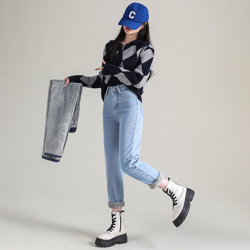 Women's Straight High Waist Thickened Fleece Padded Jeans