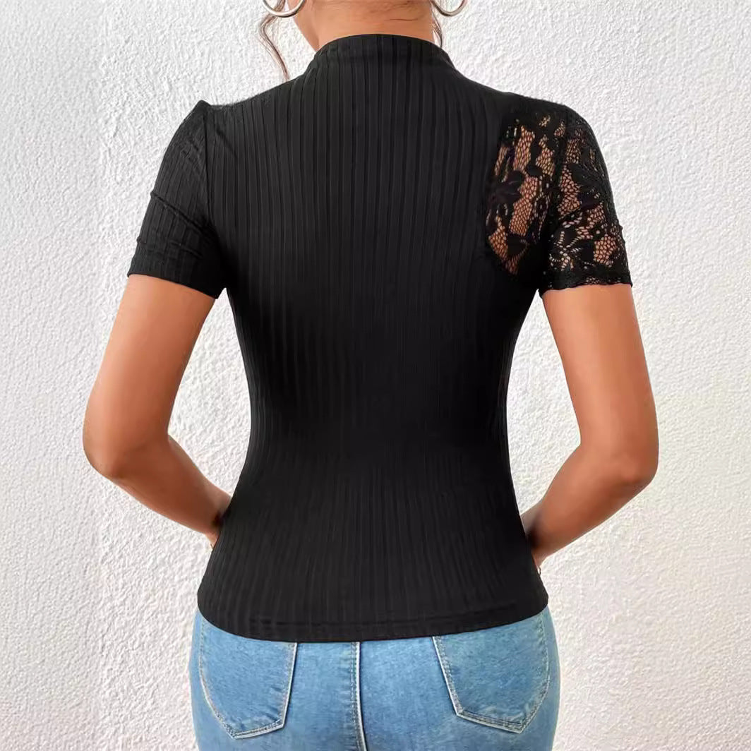 Women's Slim Fitting Lace Patchwork Short-sleeved Top