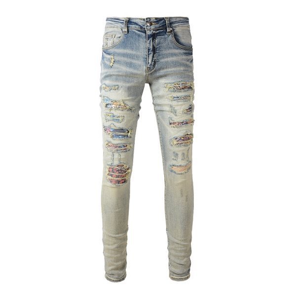 Men's Vintage Crumpled Ripped Cat Beard Patch Printed Jeans