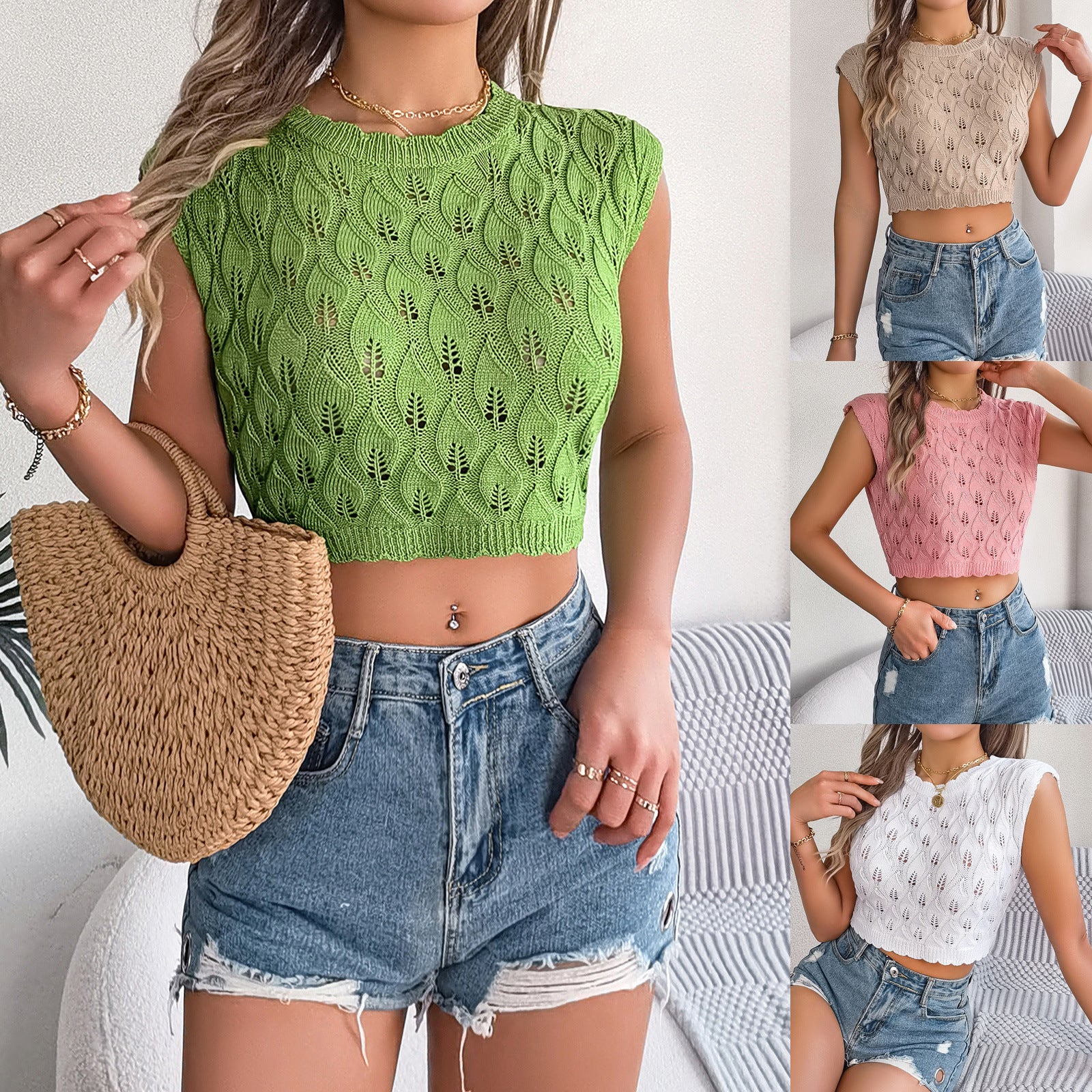 Women's Hollow Leaves Midriff-baring Knitted Top