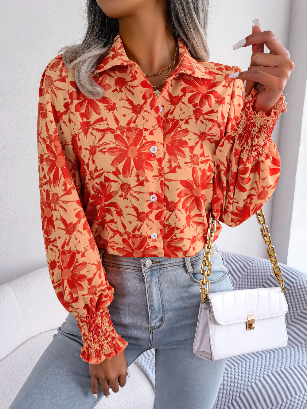 Women's Lantern Sleeve Flower Lapel Shirt