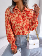 Women's Lantern Sleeve Flower Lapel Shirt