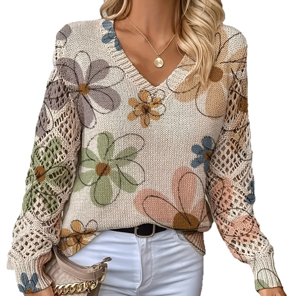 Women's Elegant Bohemian Floral V-neck Long Sleeve Top