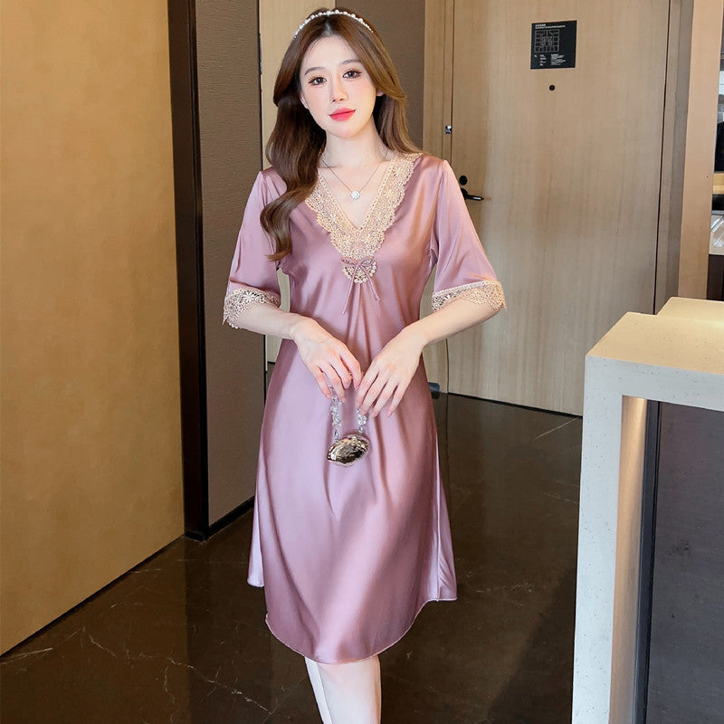 Women's Thin Lace Ice- Silk Embroidered Short Sleeve Nightdress