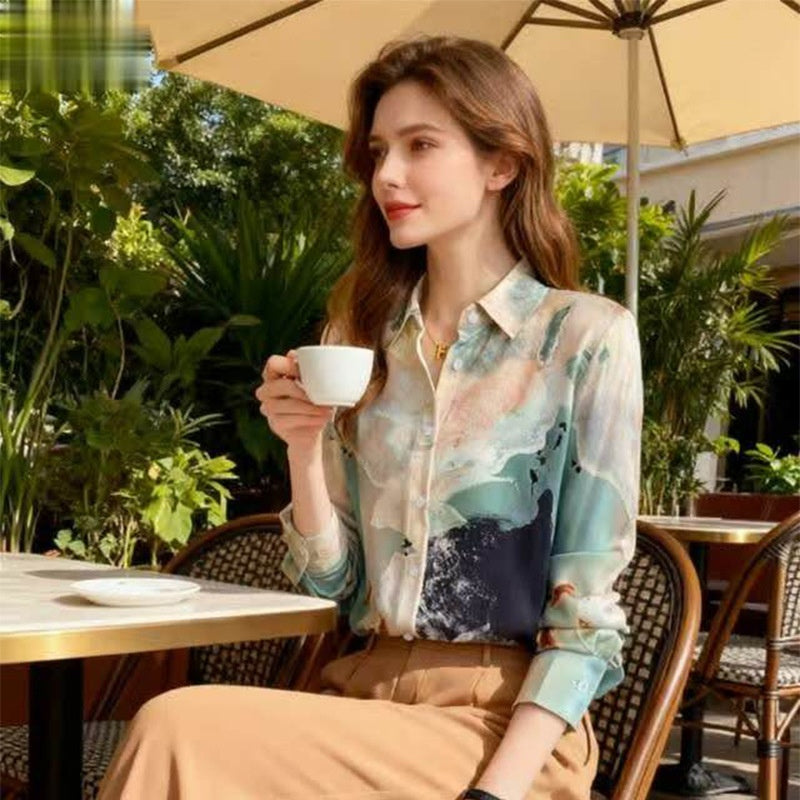 Women's Abstract Retro Long Sleeve Lapel Shirt