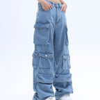 Women's American High Street Multi-pocket Washed Baggy Jeans