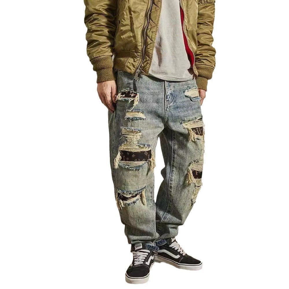 Men's Straight Tapered Distressed Torn Look Jeans