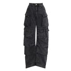 Women's High Waist Street Hipster Multi-pocket Wide Leg Jeans