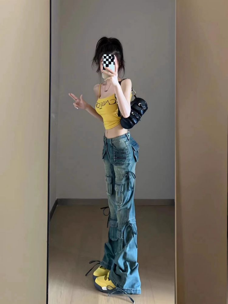 Women's Multi-pocket Washed Drawstring Jeans