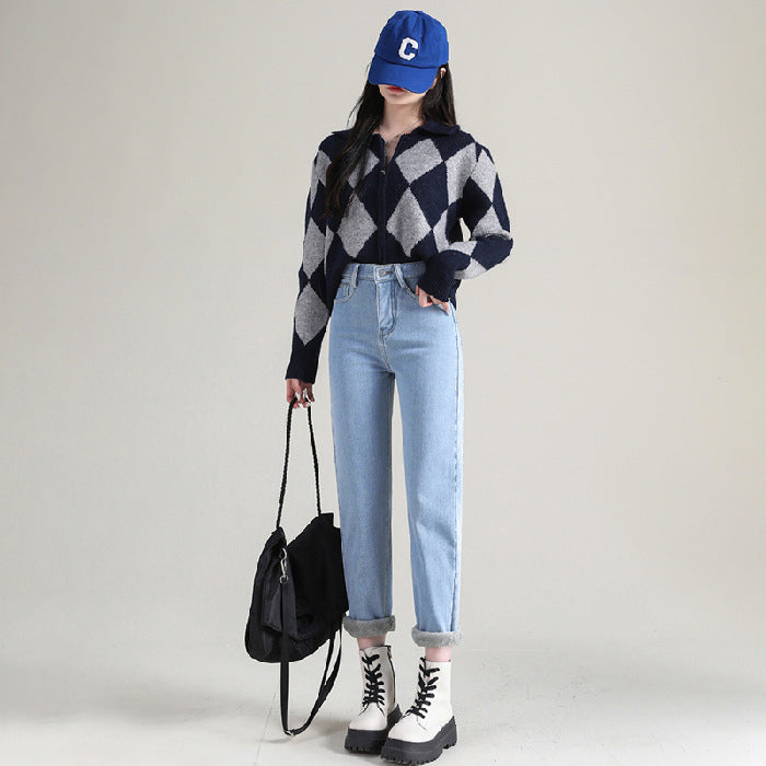 Women's Straight High Waist Thickened Fleece Padded Jeans