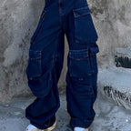 Women's Distressed Wide-leg Multi-pocket Jeans
