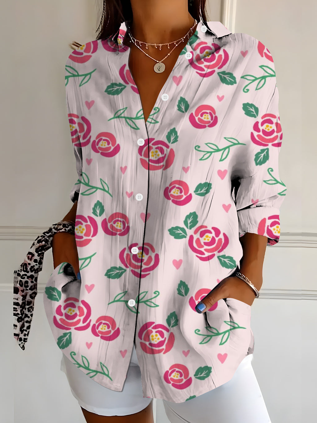 Women's Vibrant Colorful Floral-Patterned Long-Sleeve Shirt