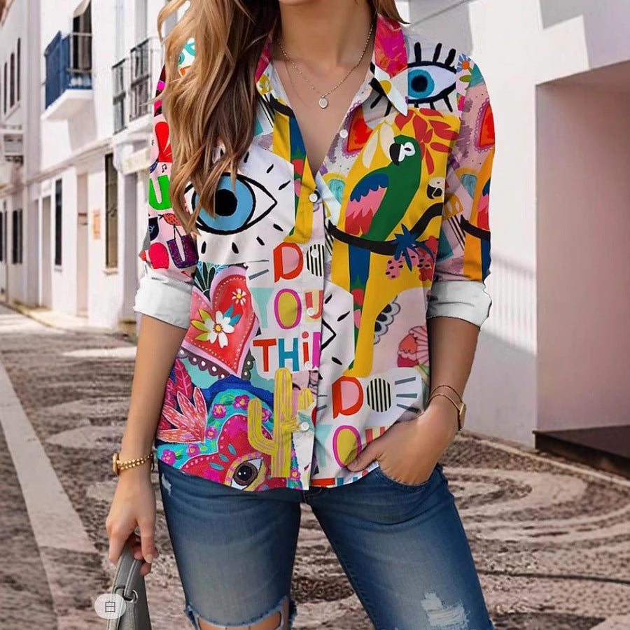 Women's Long-Sleeve Graffiti Lapel Shirt