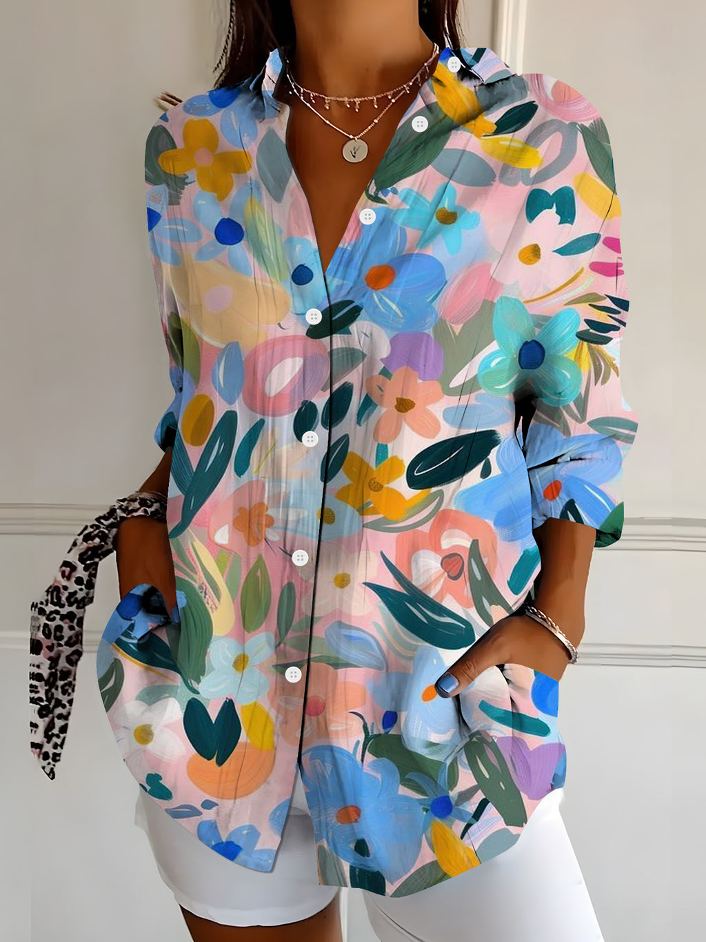 Women's Vibrant Colorful Floral-Patterned Long-Sleeve Shirt
