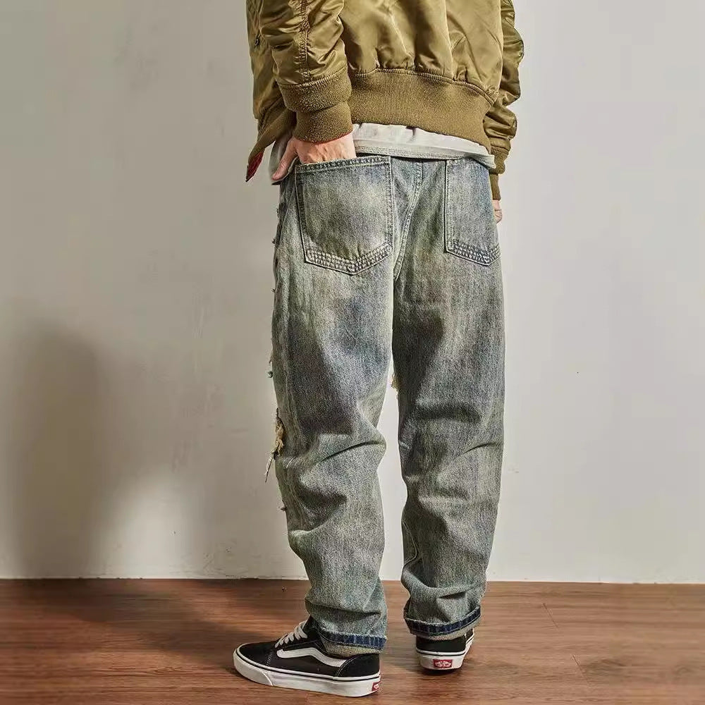 Men's Straight Tapered Distressed Torn Look Jeans
