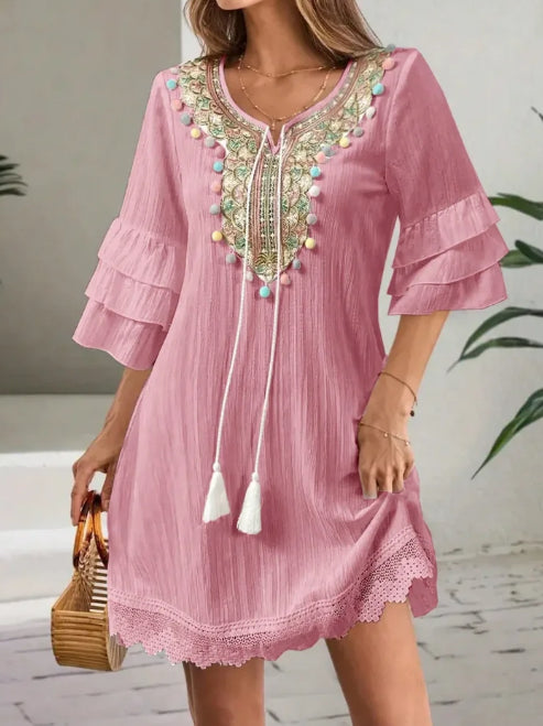 Women's Embroidered V-neck Tassel Lotus Leaf Sleeve Dress