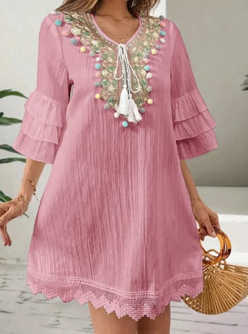 Women's Embroidered V-neck Tassel Lotus Leaf Sleeve Dress