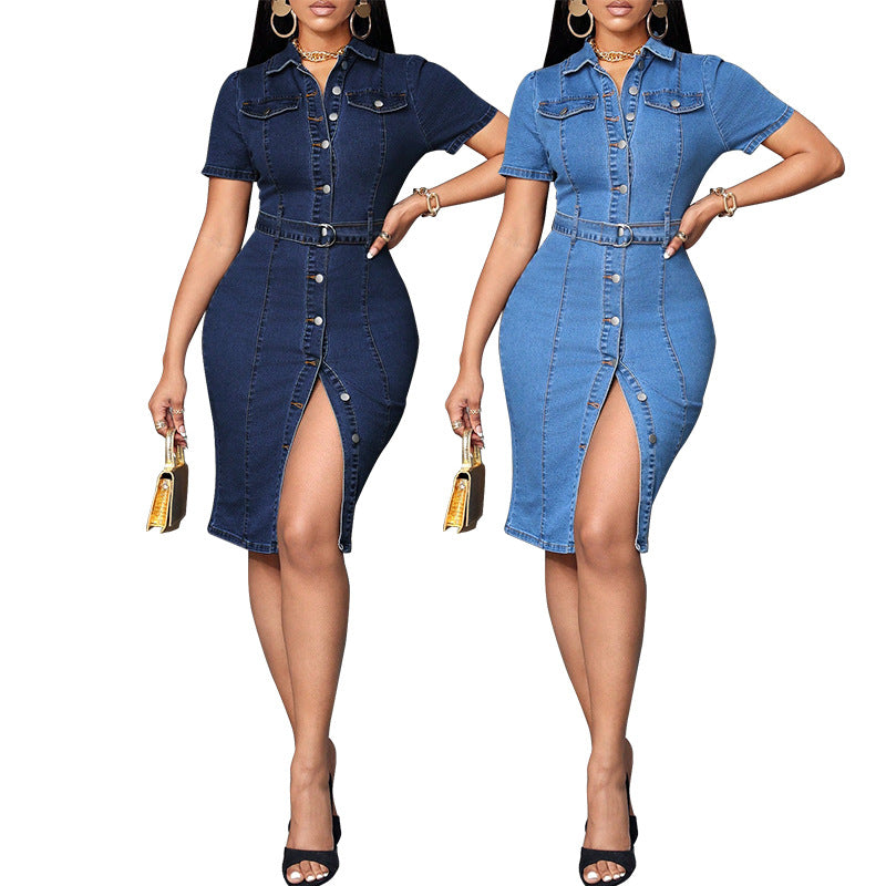 Women's Mid-Length Retro Buttoned Denim Dress