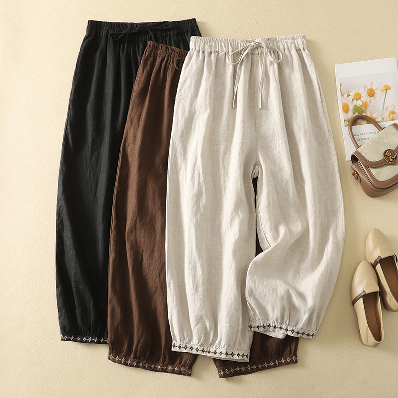 Women's Cotton Linen Embroidered Drawstringed Loose Pants
