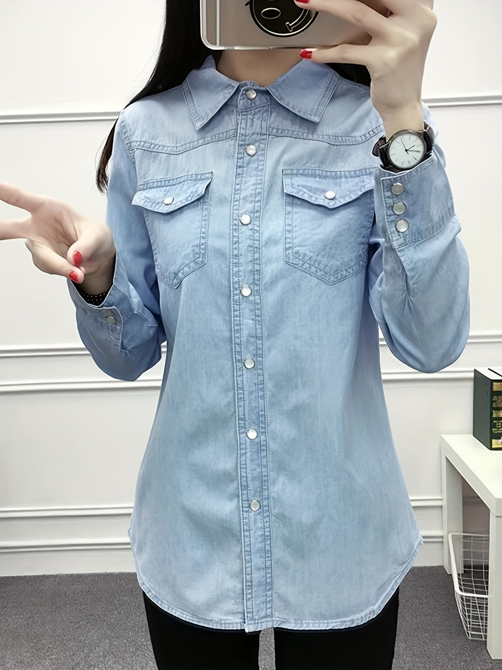 Women's Long-Sleeve Slim-Fit Denim Shirt