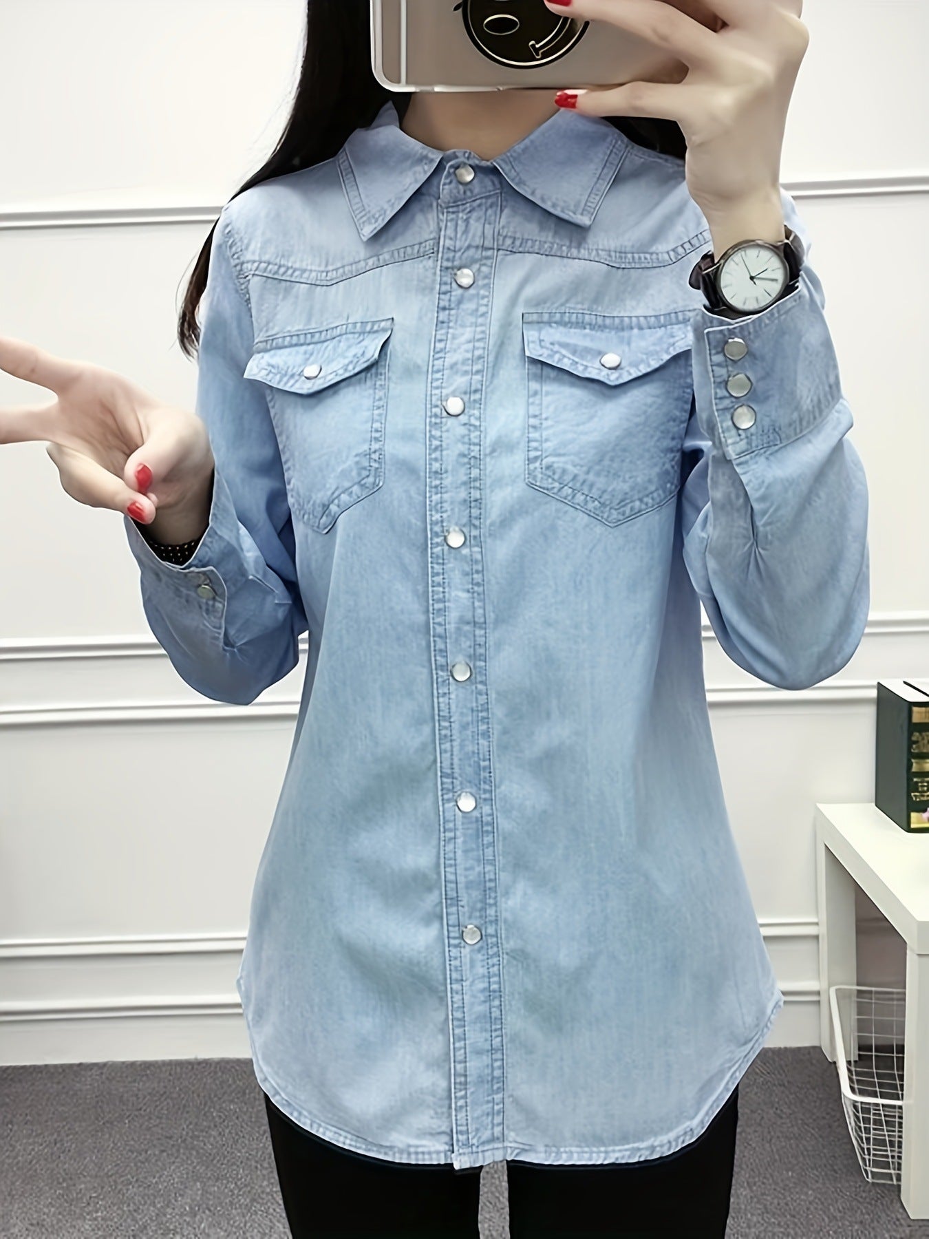 Women's Long-Sleeve Slim-Fit Denim Shirt