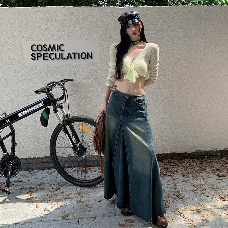 Women's Retro Blue High Waist Slit Denim Skirt