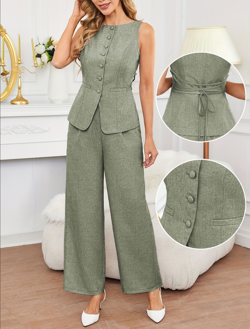Women's Sleeveless Top And Tie-Waist Wide-Leg Pants Set