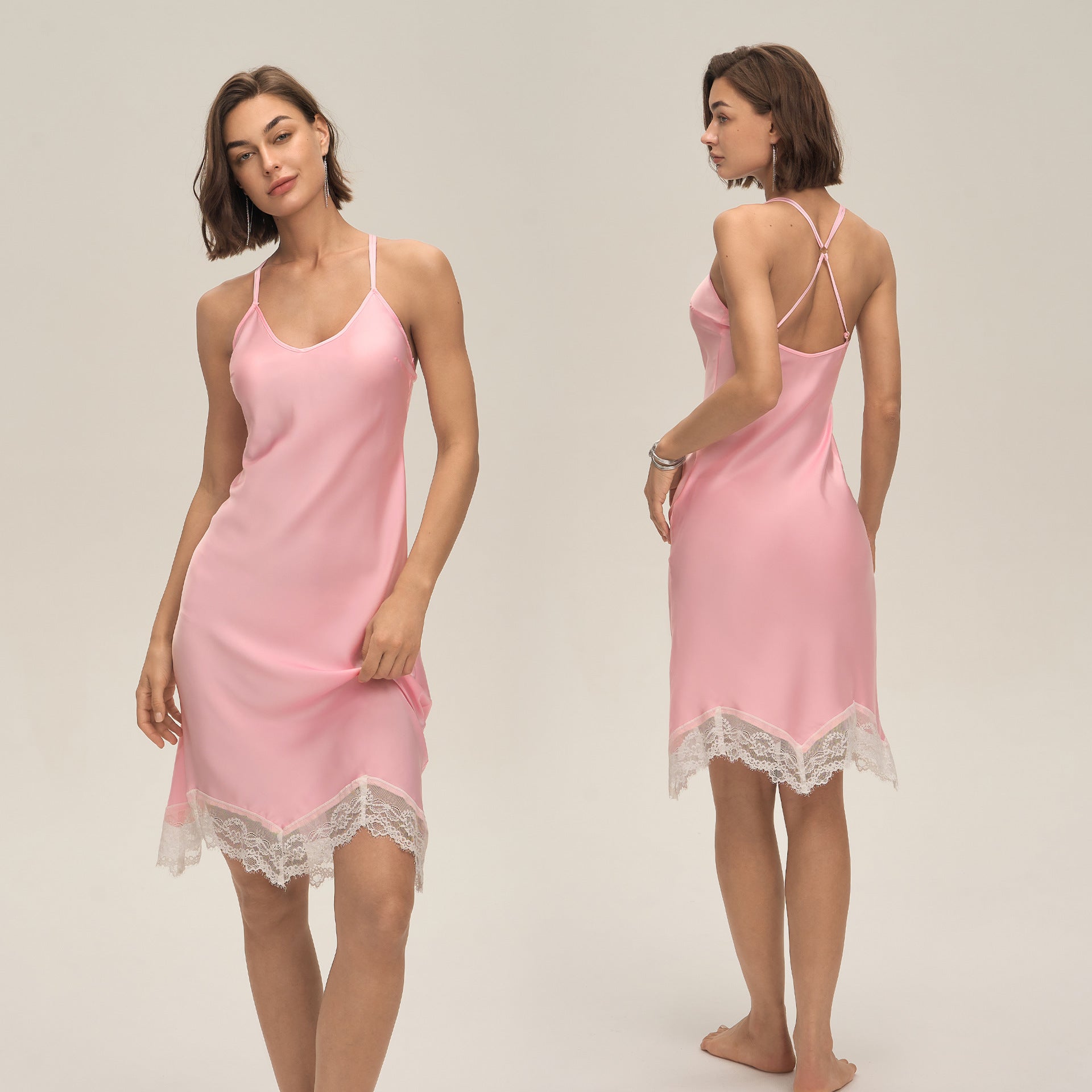Women's Solid-Color Satin Lace Backless Camisole Pajamas