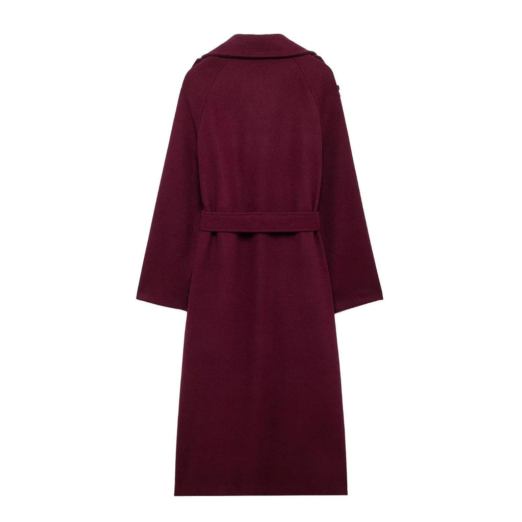 Women's Wine-Red Double-Breasted Trench Coat