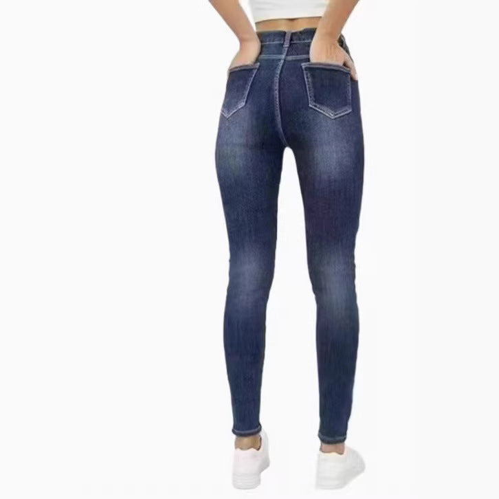 Women's Fleece-lined Slim-fitting Mid-waist Stretch Skinny Jeans