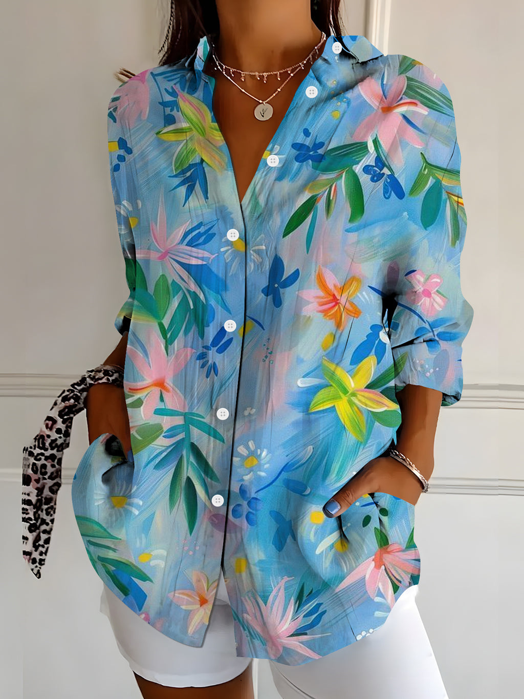 Women's Vibrant Colorful Floral-Patterned Long-Sleeve Shirt