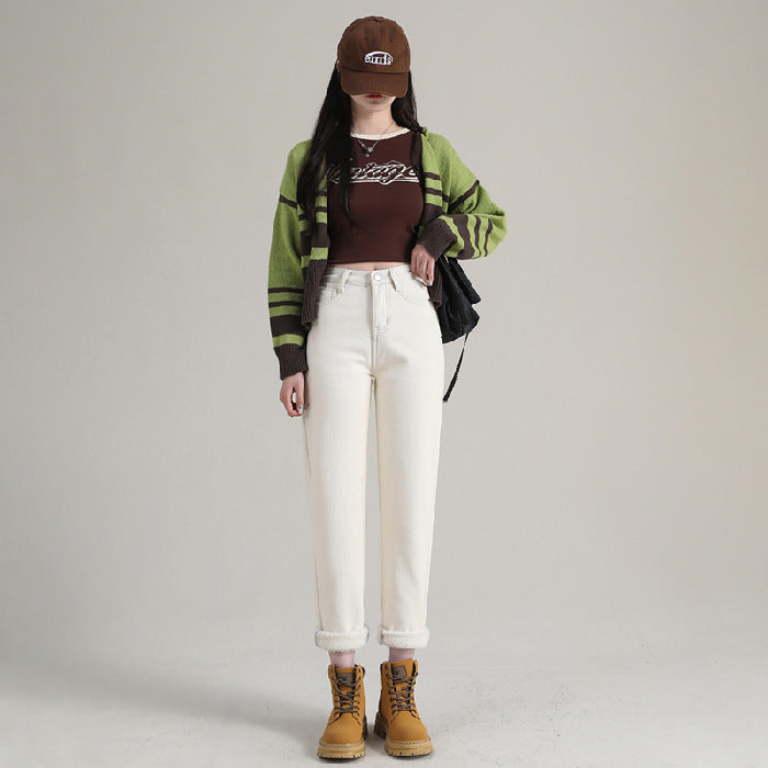 Women's Straight High Waist Thickened Fleece Padded Jeans