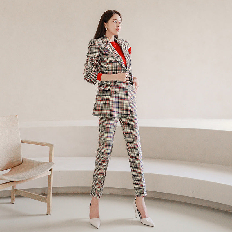 Women's Double-breasted Mixed Color Plaid Suit