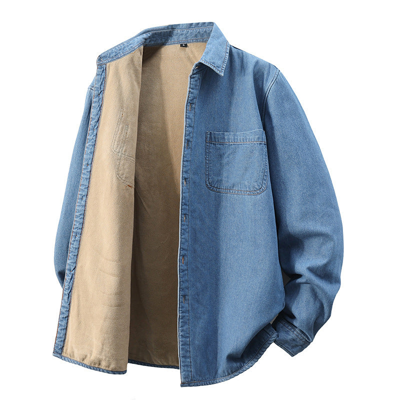 Men's Long-sleeved Fleece Lined Denim Shirt