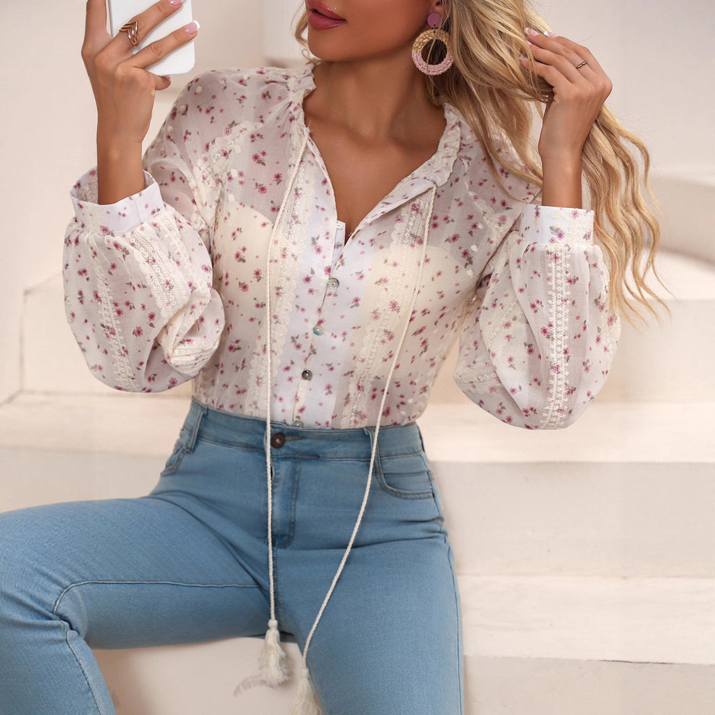 Women's V-Neck Embroidered Shirt With Drawstring