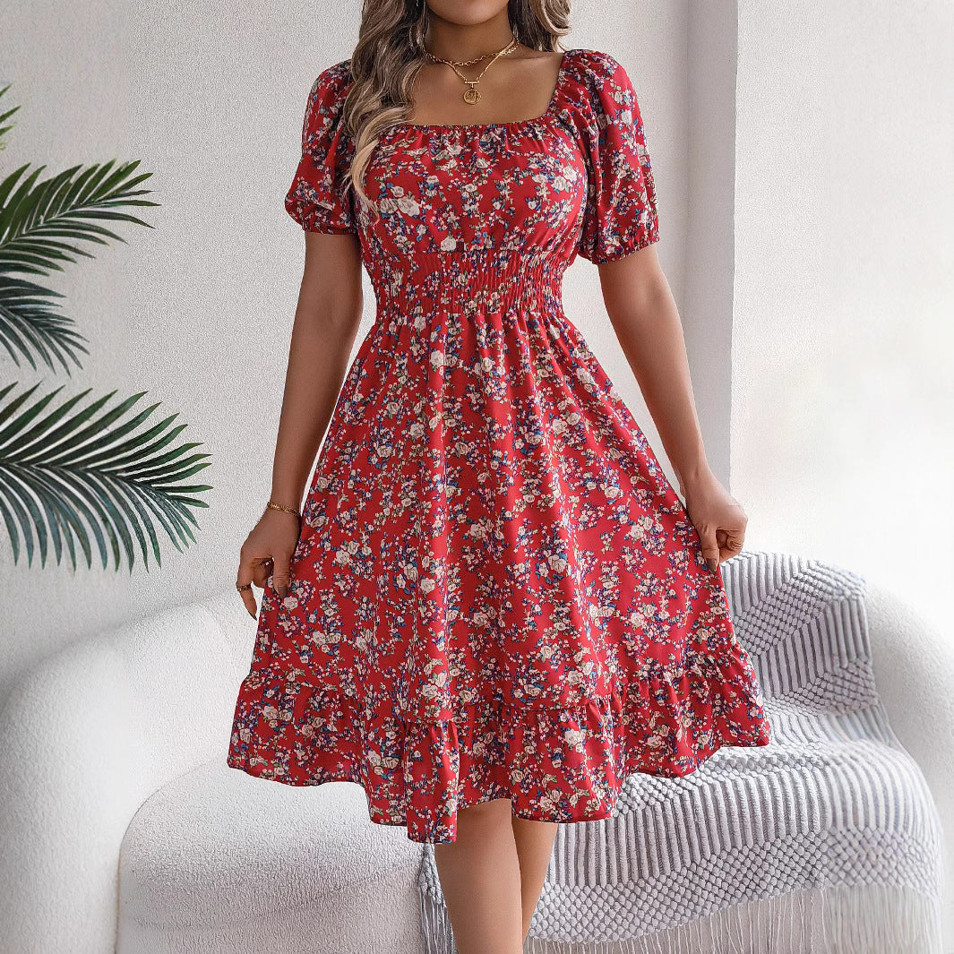 Women's Floral Square-Collar Ruffled Dress